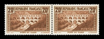 254A, 1931 20Fr Orange brown Pont du Gard, perf. 13, pristine horizontal pair, strong color, extraordinarily well centered, immaculate o.g., never hinged, extremely fine and
choice (Yvert 262 Ç1,000).