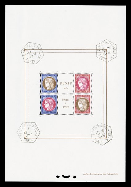 329, 1937 Pexip souvenir sheet, an extraordinarily fresh sheet with four strikes of Expon Philque IntaleParis22 6 37 exposition cancels applied at the four corners of the frame
leaving the stamps uncancelled, o.g., n.h., extremely fine and a