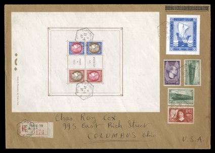 329, 1937 Pexip souvenir sheet, full size souvenir sheet tied to large registered cover to the United States, along with four other adhesives and an exhibition label, all tied
by Expon Philque IntaleParis21 6 37 exposition cancels, New York