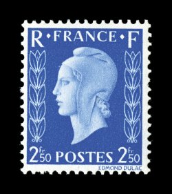 Yvert 701A-F, 1945 25c-2.50Fr Marianne unissued series cplt., two different series of three values each, one with a diamond design at top and the other inscribed France, all
with fresh bright colors, o.g., n.h., very fine-extremely fine issue
