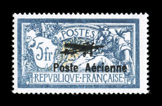 C1-2, 1927 2Fr-5Fr First Air Posts cplt., very fresh and well centered for a set that frequently comes poorly centered, exceptionally bright colors, o.g., 2Fr lightly hinged,
5Fr n.h., very fine 2Fr signed Calves (Yvert PA1-2 Ç700).