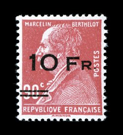 C3, 1928 10Fr on 90c Ile de France air post, a gem single of this air post rarity, marvelously well centered and surrounded by full even perforations, strong and vibrant color
on bright white paper, plus a neatly applied surcharge, full origin