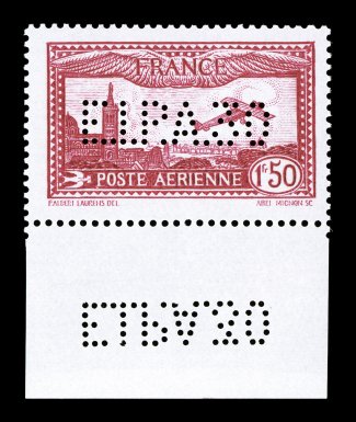 C5a, 1930 1.50Fr Deep Carmine air post, perforated E.I.P.A. 30., gorgeous bottom sheet-margin mint single with the perforated initials applied at the International Air Post
Exhibition in Paris in both the stamp and the selvage, beautifully cen