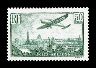 C8-14, 1936 85c-50Fr Plane over Paris cplt., fresh and well centered set, bright colors, o.g., n.h., very fine-extremely fine 50Fr Emerald signed Calves (Yvert PA8-14
Ç2,285).