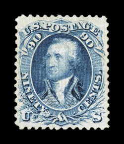 101, 90c Blue, F grill, well centered although reperforated at top and right, attractive color, full o.g., very fine appearance a stamp that is missing from even the most
advanced collections of mint 19th century stamps 2007 PF certificate.