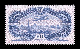 C15, 50Fr Banknote, handsome mint single, exceptionally fresh with lovely bright colors, well centered, o.g., n.h., very fine and exceedingly choice (Yvert PA15
Ç1,500).