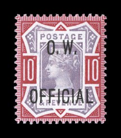 O48, 1901 10p Carmine rose and lilac, with O.W.Official overprint, an exceptionally well centered example of this official rarity, rich luxuriant colors, o.g., lightly hinged,
extremely fine an especially difficult stamp in this choice quali