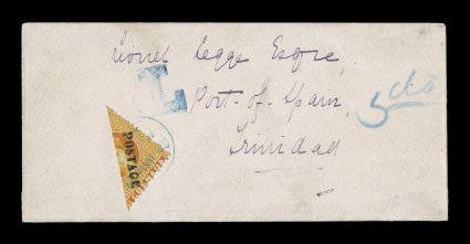 16, 1883 half of 1p Orange revenue with provisional Postage overprint, attractive bisect tied to small cover to Trinidad by small February Grenada c.d.s. in blue, matching blue
T postage due handstamp with 5 cts marked in blue crayon, very