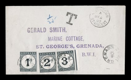 J1-3, 1892 1c-3c Postage dues cplt., tied to cover on arrival from St. Vincent by GrenadaMY 1293 c.d.s. with additional strike at right, KingstownSt. VincentMY 8 93 c.d.s., all
markings are on the front, very fine and attractive Grenada