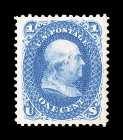 102, 1c Blue re-issue, a marvelous mint single in a quality that is rarely encountered, outstanding centering within uncharacteristically large margins, gorgeous color that is
exceptionally bright and rich, o.g., relatively lightly hinged, an ex