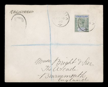 8, 1890 5- Green and blue, an amazingly well centered and fresh example of this key high value, tied to 1895 registered cover to Bournemouth, England by AntiguaOC 16 95 c.d.s.
with additional strike at left, portion of R in oval handstamp,