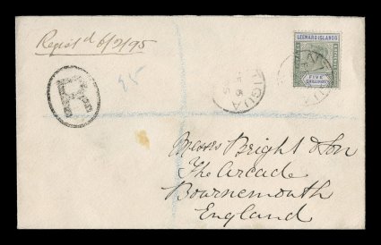 8, 1890 5- Green and blue, attractive 1895 registered cover to England, this attractive high value is tied by AntiguaFE 6 95 c.d.s. with additional strike at left, R in oval
handstamp, Bath transit, backstamped Bournemouth, trivial tone sp