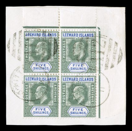 28, 1902 5- Green and ultramarine, lovely top right corner margin block of four, tied to piece by two strikes of St. KittsDE 5 11A12 duplexes, well centered, strong fresh
colors, very fine and choice a rare used block of the key high value