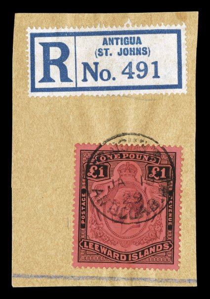 83, 1928 £1 Black and violet on red, well centered example of this high value, tied to piece of registered cover with registry label by St. JohnsAntiguaJA 15 29 c.d.s., bright
attractive colors, choice very fine (S.G. 80 £250).