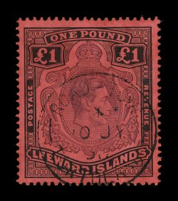 115a, 1938 £1 Black and brown purple on red, well centered single of this first printing with central Road-TownTortola10 JY 39 c.d.s., rich colors of this printing, very fine
and choice a particularly scarce usage originating from the Briti
