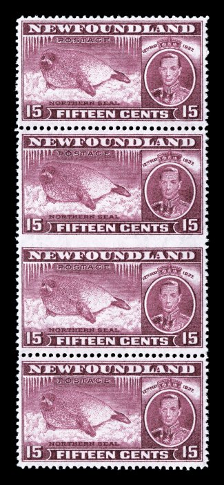 239a, 1937 15c Coronation, vertical pair imperforate between, the center pair in a vertical strip of four, exceptionally well centered, pristine o.g., n.h., extremely fine it
is believed that only about 20 pairs are known.