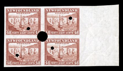 253-66 var., 1941-44 1c-48c Definitives, imperforate and with security punch cplt., in blocks of four, all with large even margins and fresh colors, a few with minor flaws from
handling (two have small printers marks on one stamp), o.g., n.h.,
