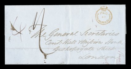 S.G. CC1, PaidatAuckland.New.Zealand Crowned-circle red handstamp, excellent strike on 1848 folded missionary cover to the Wesleyan Mission house in London,
AucklandNew-ZealandFE 12 1848 double-arc c.d.s. on the reverse, rated 4 then 
