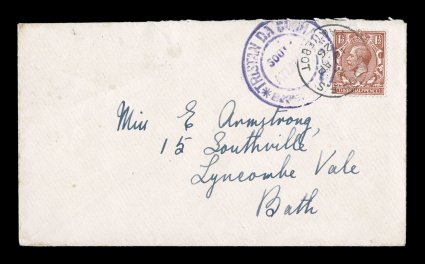 S.G. C2, Tristan Da CunhaSouth Atlantic violet handstamp, Cachet II, a nice strike of this handstamp in the very rare clear violet color, a franked cover with Great Britain 1
12p Red brown tied by both the cachet and London, F.S.Paquebot1