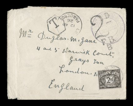 S.G. C2, Tristan Da CunhaSouth Atlantic black violet handstamp, Cachet II, fairly clear strike on 1926 paquebot cover to England, London, F.S.Paquebot12 AP 26 c.d.s. applied on
arrival, 2d postage due handstamp with 2p Black brown tied