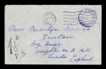 S.G. C3, Tristan Da Cunha violet handstamp, Cachet III, unusually full strong strike in brilliant violet color on stampless cover to Houghton on the Hill, England, London
F.S.Apr 20128 Paquebot machine cancel applied on arrival, plus an e