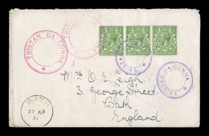 S.G. C4, C5, Tristan Da Cunha large red handstamp, Cachet IV, another highly unusual prepaid cover with Great Britain 12p Green strip of five tied by a light strike of the type
IV cachet in red with additional clear strike at left, plus a