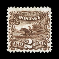 113, 2c Brown, uncharacteristically well centered within rather large margins, deep luxuriant color and a razor-sharp impression, o.g., lightly hinged, extremely fine a
surprisingly difficult stamp to find in this premium quality 2000 PF certi