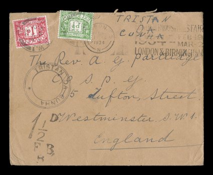 S.G. C4, Tristan Da Cunha large black handstamp, cachet IV, full strikes on front and back of 1934 cover marked Tristan Da Cunha at top, to a pastor in care of of the Society
for the Propagation of the Gospel in Westminster, sent due with 1
