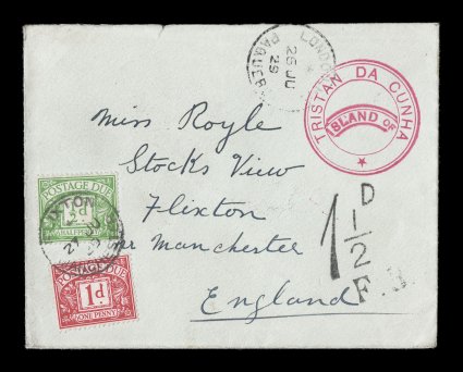 S.G. C5, Tristan Da CunhaIsland of large red handstamp, Cachet IVa, an amazingly choice strike of the rarest of all the postal marking of Tristan Da Cunha showing the Island of
label inserted in the center, on a lovely 1929 postage due cove