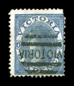 88, 1870 6p Blue, Saunders single line numeral 4 watermark,  used single of this extremely rare stamp, watermark reversed as are all except one example, central Victoria in
oval of bars cancel, faults present including edge tears at bottom a