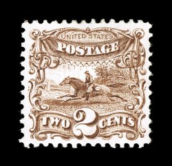 113, 2c Brown, an especially fresh and choice mint example, with wonderfully rich color and a sharp detailed impression on pristine paper, remarkably well centered within
uncommonly large margins, o.g., extremely fine 2000 PF certificate and a