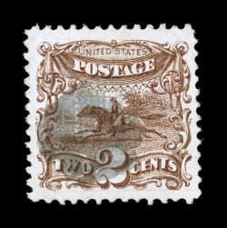 113, 2c Brown, a striking jumbo-margined used single, featuring huge margins all around and being marvelously well centered within these oversized borders, rich fresh color and
a highly detailed impression on crisp white paper, light cork cancel