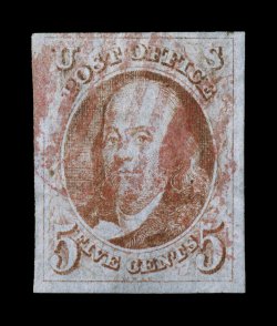 1d, 5c Brown orange, used example of this desirable shade, four large to very large margins, bright color and nice impression on strong bluish paper, red grid cancels, small
natural inclusion at left, very fine clear 1994 PF certificate.