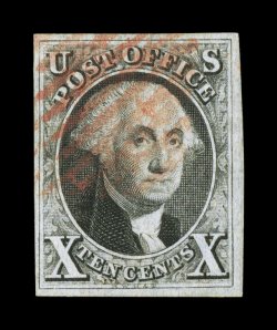 1, 2, 5c Red brown and 10c Black, used, both with large margins all around, strong colors and impressions, 5c with blue grid cancel, 10c with red grid cancel, each with a minor
flaw, very fine appearance.