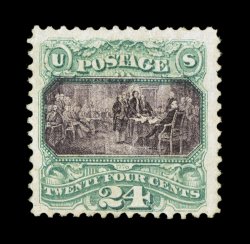120, 24c Green and violet, nicely centered within large margins, strong colors and impression, full o.g., lightly hinged, a very fine example of this very rare mint classic 1987
PF certificate.