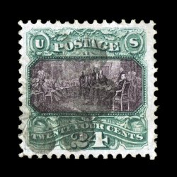 120, 24c Green and violet, exceedingly well centered within extravagantly large margins, beautiful rich colors and well incised impressions, light rosette cancel, extremely fine
an especially handsome and desirable used example 1988 PF certifi