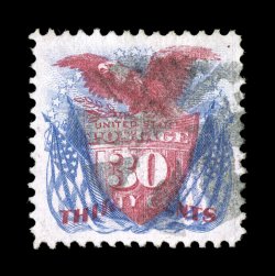 121, 30c Blue and carmine, excellent centering within very large margins, bright fresh colors, fairly light cancel, extremely fine 2005 PF certificate.