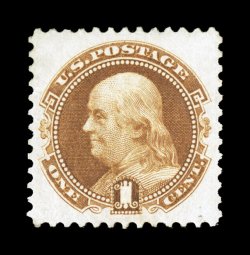 123, 1c Buff re-issue, a wonderful mint example, featuring remarkable centering within uncharacteristically large margins, plus its color is sumptuously rich, while its
impression is deeply etched, full o.g., lightly hinged, extremely fine trul