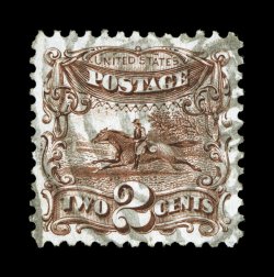 124, 2c Brown re-issue, a magnificent quality used example of one of the most difficult and underrated stamps to find in gem used condition, extraordinarily well centered within
particularly large margins, rich fresh color and a well defined imp