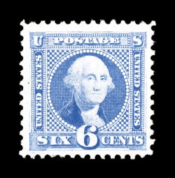 126, 6c Blue re-issue, a wonderfully choice unused example, boasting outstanding centering within lavishly large margins, both being attributes not often encountered on this
value, bright fresh color and a crisp impression on immaculate paper, e