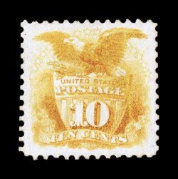 127, 10c Yellow re-issue, a highly desirable mint example of this scarce re-issue, marvelously well centered within very large margins, bright color, o.g., extremely fine an
uncommonly choice stamp only 1,947 sold 1992 PF certificate.