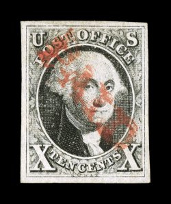 2, 10c Black, position 42R, with stitch watermark, an exceptionally handsome used example, featuring large margins all around, well incised impression, cancelled by a complete
red PAID pmk., extremely fine 1987 PF certificate and a 2005 P