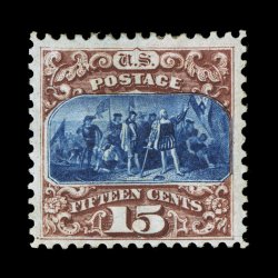 129, 15c Brown and blue re-issue, Ty. III, deeply rich colors and sharp impressions, attractively centered, o.g., lightly hinged, very fine 1968 and 1990 PF
certificates.