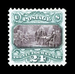 130, 24c Green and violet re-issue, an extraordinarily handsome mint example of this very scarce re-issue, possessing large and remarkably well balanced margins all around,
beautiful rich colors and crisp detailed impressions on bright paper, fu