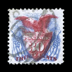 131, 30c Blue and carmine re-issue, beautifully centered amid particularly large margins, wonderfully bright colors and strong impressions, neat oval registry cancel, current
certificate mentions a short perf. at top left which is really unworth