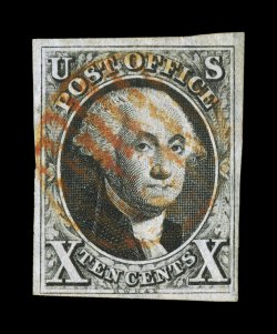 2, 10c Black, used, ample to mostly large margins all around, rich color and a fine impression, light red grid cancel, very fine 1988 PF certificate.