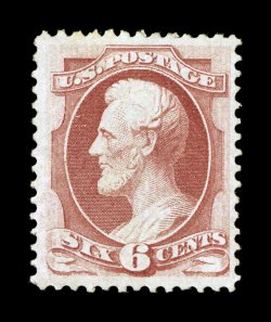 137, 6c Carmine with grill, uncommonly well centered within large margins, bright fresh color, easily identifiable grill points, full o.g., lightly hinged, certificate mentions
soiling which is barely noticeable, otherwise a very fine example of