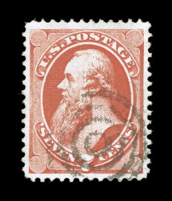 138, 7c Vermilion with grill, a highly desirable used example of this scarce grilled Bank Note, wonderfully well centered within exceedingly large margins, intense vibrant color
and a deeply etched impression, light face-free target cancel, easi