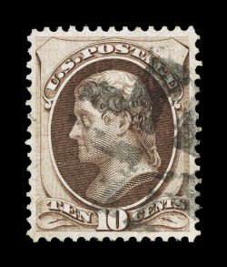 139, 10c Brown with grill, gem used example, featuring near perfect centering which is almost impossible to find on this scarce and difficult grilled stamp, deep luxuriant color
and a well defined impression, easily identifiable grill, light and
