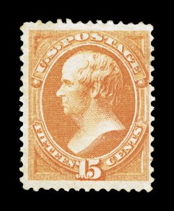 141, 15c Orange with grill, a reasonably attractive example of this rare mint stamp, brilliantly fresh color and a clean impression, several easily discernable grill points,
full original gum, lightly hinged, light horizontal creases at top, nea